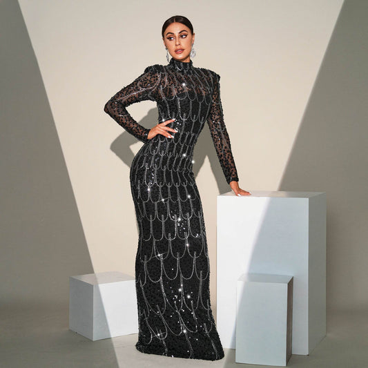 Long Sleeve Slim-fit Sequined Banquet Evening Dress