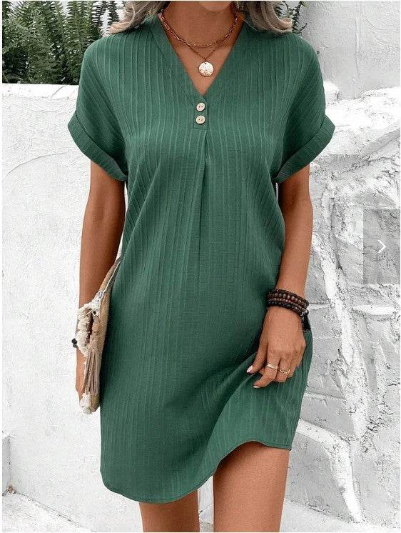 Fashion V-neck Short-sleeved Dress Casual Solid Strip Button Dresses Womens Clothing - Velora