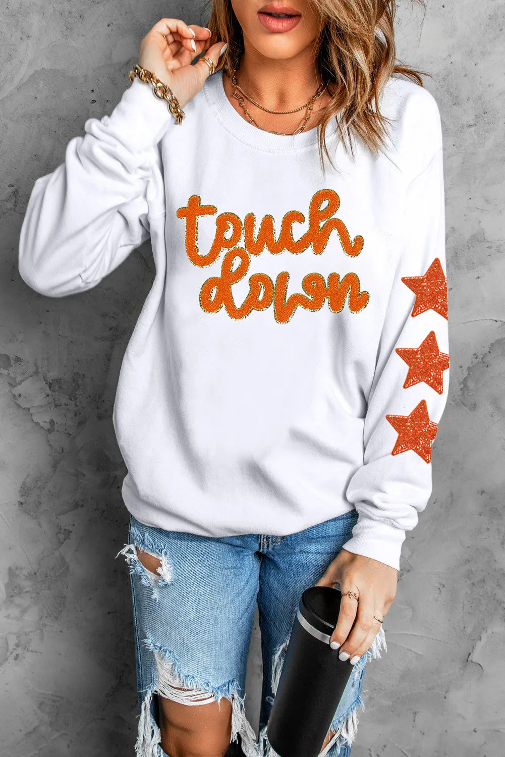 Letter & Star Round Neck Long Sleeve Sweatshirt - Velora
