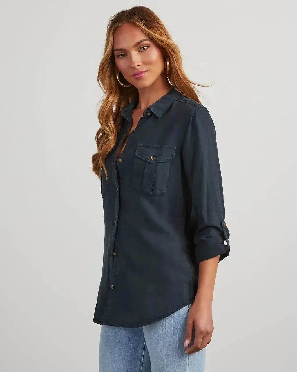 Formal Work Denim shirts for women Leisure Lapel Single Breasted Women's Long Sleeve Denim Shirt Women button down shirts - Velora