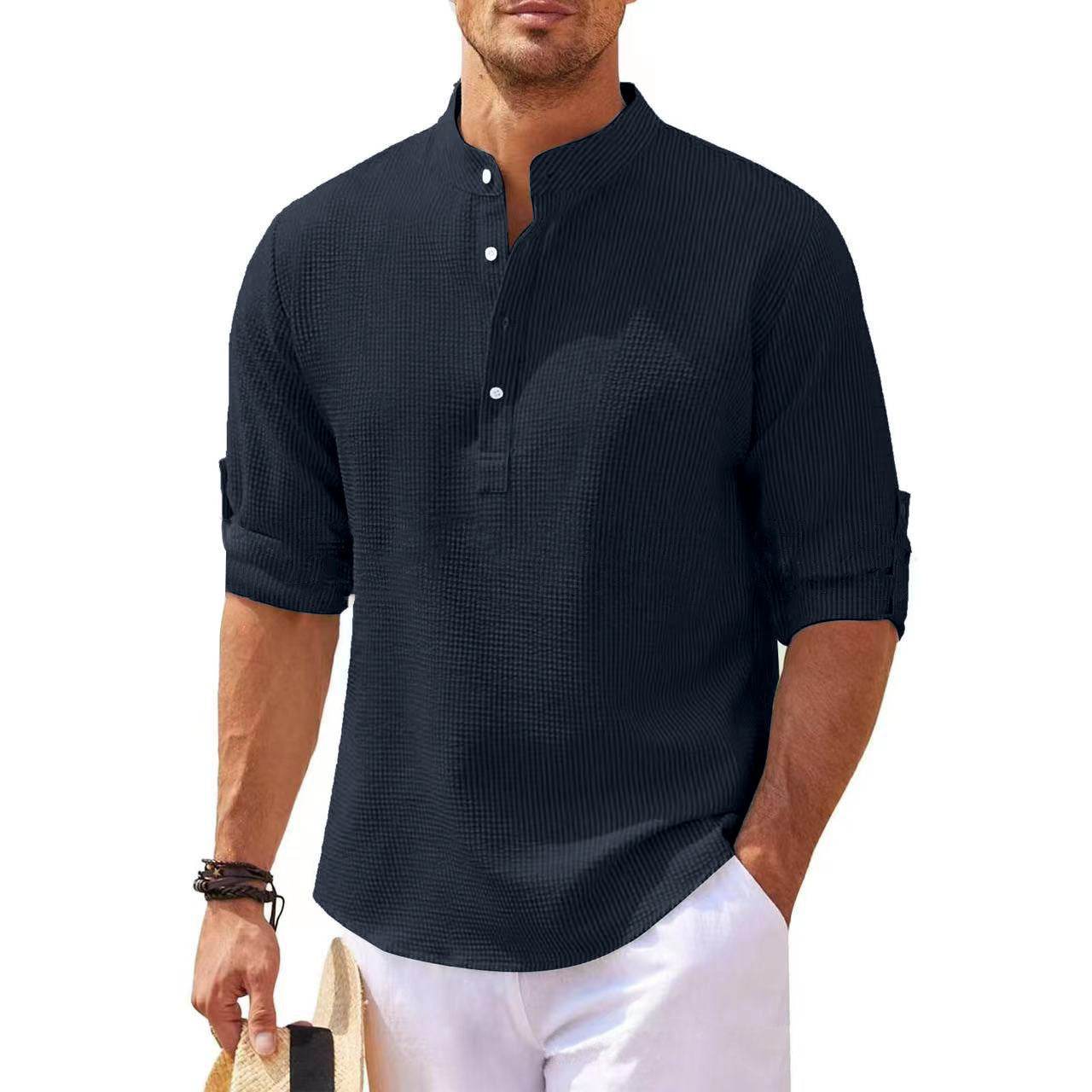 Stand Collar Button Shirt Summer Pineapple Texture Shirt Casual Top Men's Clothing - Velora