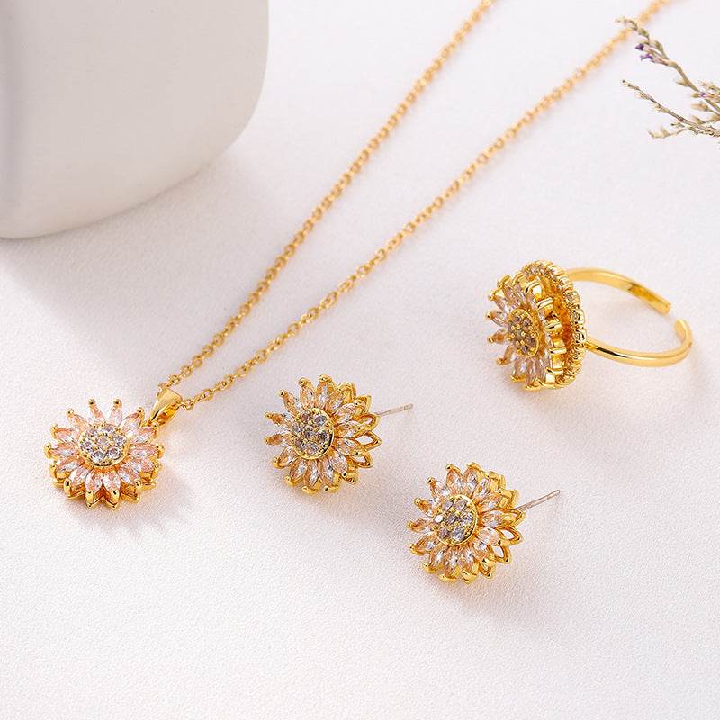 Classic Charm Sunflower Flower Stainless Steel Necklace Earrings Fashion Exquisite Micro Seed Jewelry Ring - Velora