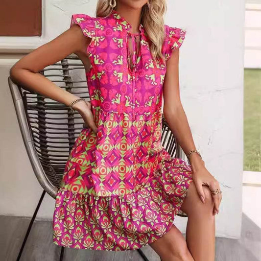 Printed Sleeveless Dress Summer Fashion V-Neck Lace-up Straight Dresses For Womens Clothing - Velora