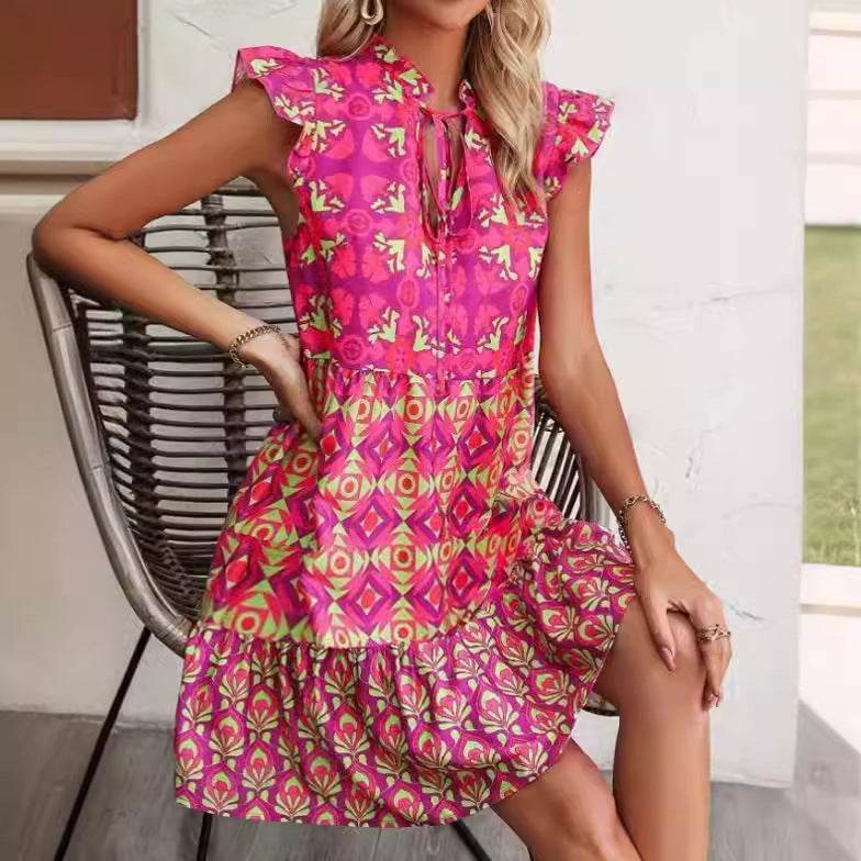 Printed Sleeveless Dress Summer Fashion V-Neck Lace-up Straight Dresses For Womens Clothing - Velora