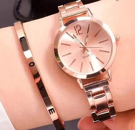2pcs Narrow Strap Steel Strap Bracelet and Quartz Watch women