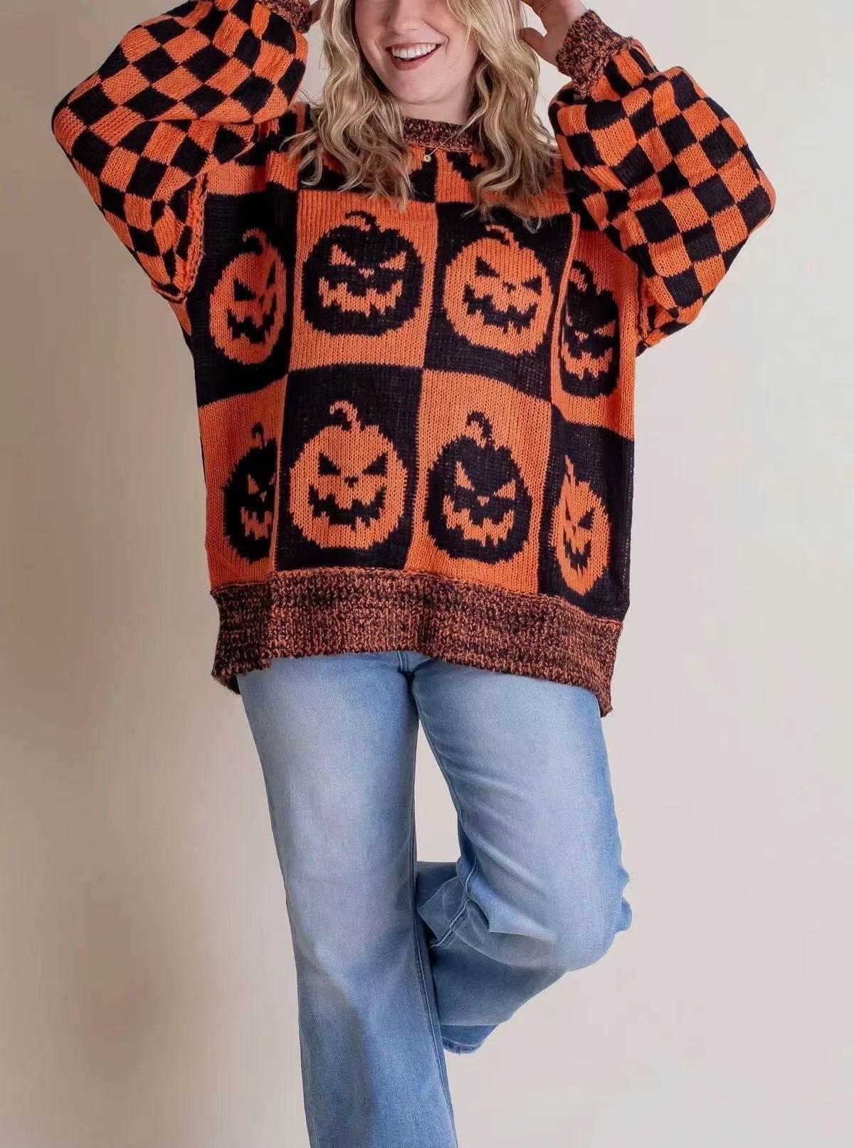 Halloween Cartoon Pumpkin Ghost Sweater Winter Loose Pullover Knitted Top Fashion Women's Clothing - Velora