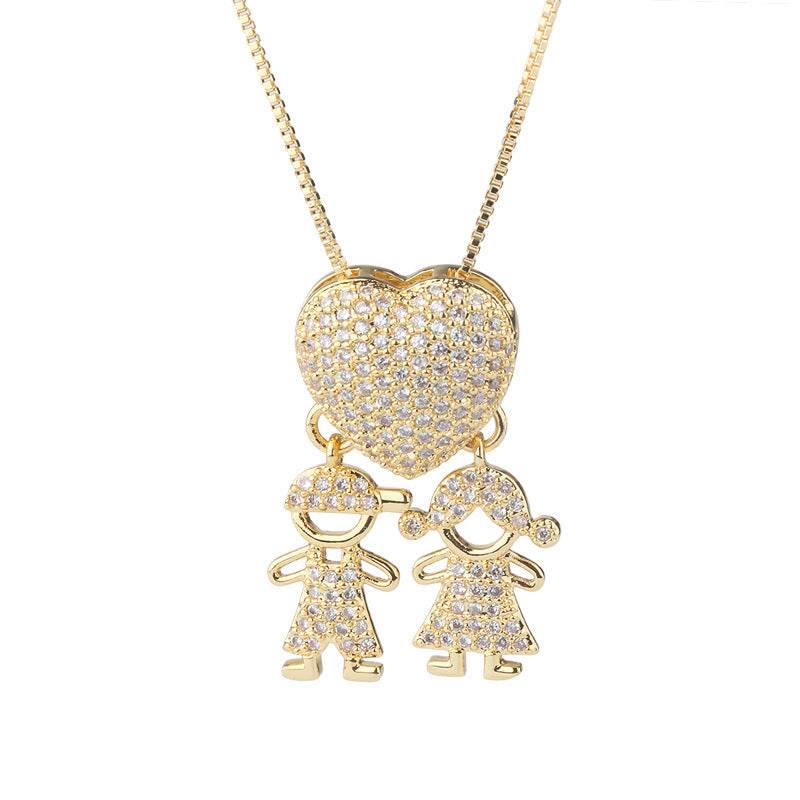 Fashion Jewelry Son Daughter Heart Gold Color Cubic Zirconia Family Girl Boy Pendant Necklace Chain Jewelry For Mother Gift - Velora