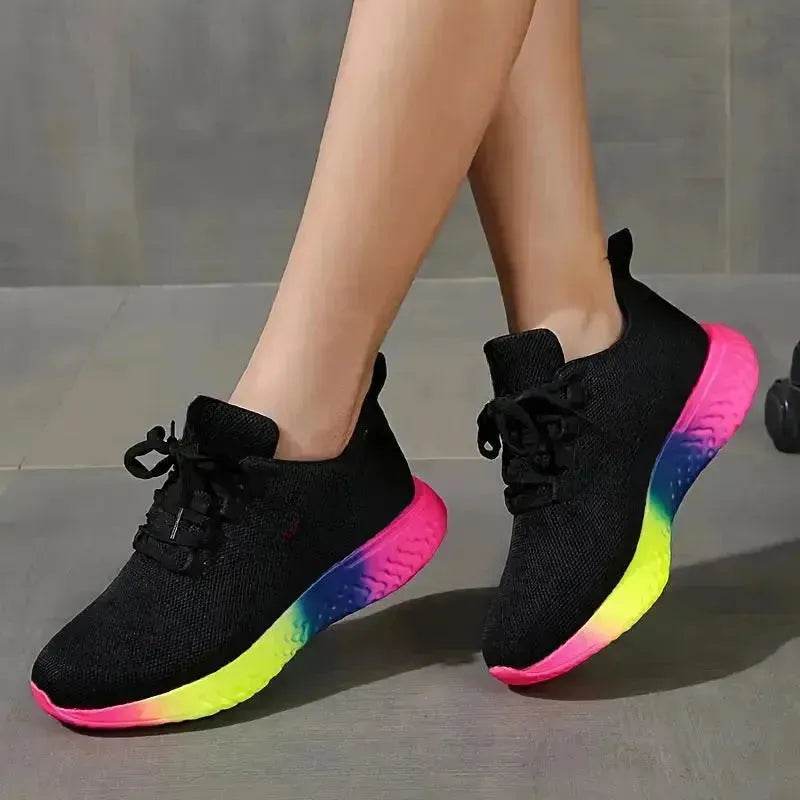 Rainbow sneaker - Lace-up Mesh Shoes With Rainbow Sole Design Fashion Walking Running Sports Shoes Sneakers For Women - Velora
