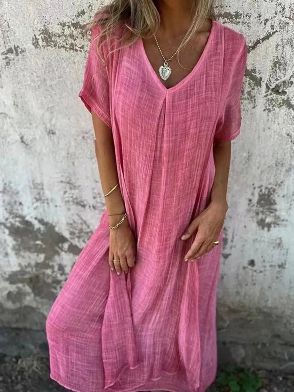 Full Size V-Neck Short Sleeve Midi Dress Plus Size - Velora