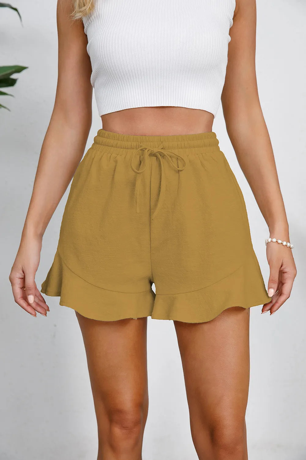 Full Size Drawstring Ruffle Hem Shorts - Velora