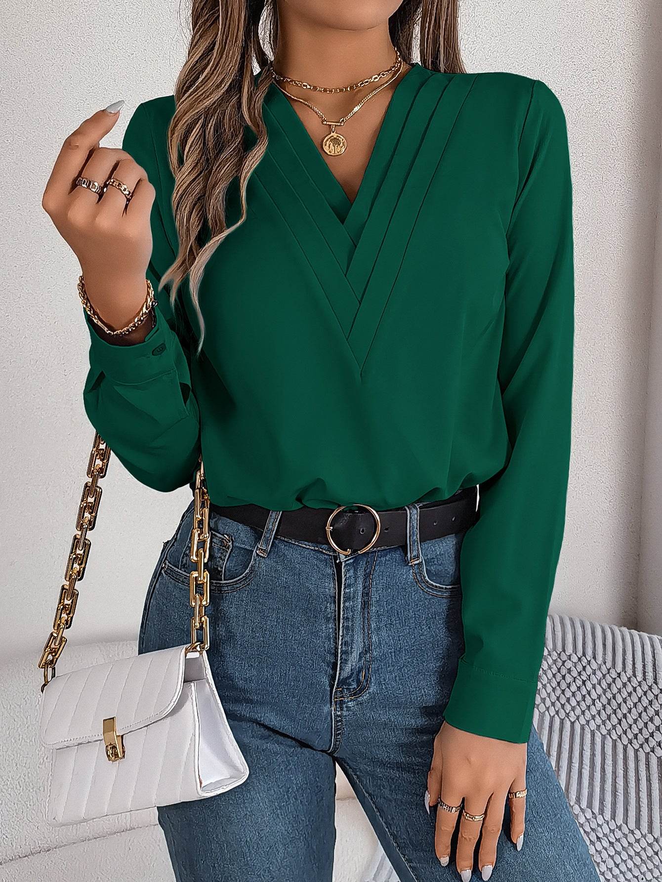Fashion V-Neck Long Sleeve Shirt Elegant Commuter Solid Blouse Office Women's Clothing - Velora