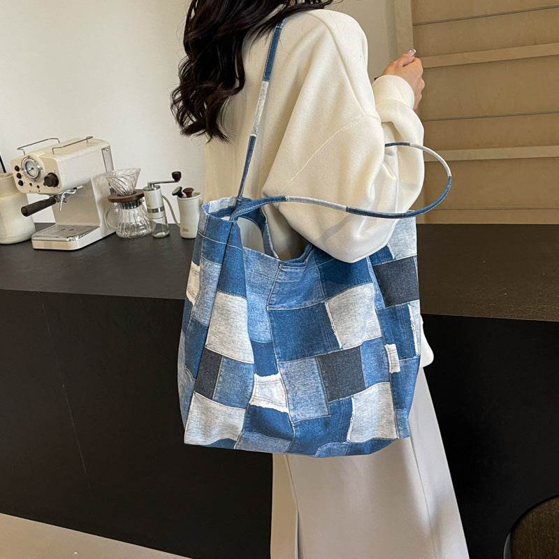 Women's Large Capacity Denim Color-contrast Check Idle Style Shoulder Commute Leisure Handbag Versatile Tote Bag - Velora