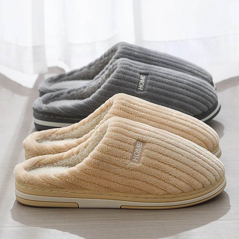 Solid Color Simple Cotton Slippers Winter Non-slip Home Warm Plush Slippers Household Indoor Couple Women's House Shoes - Velora