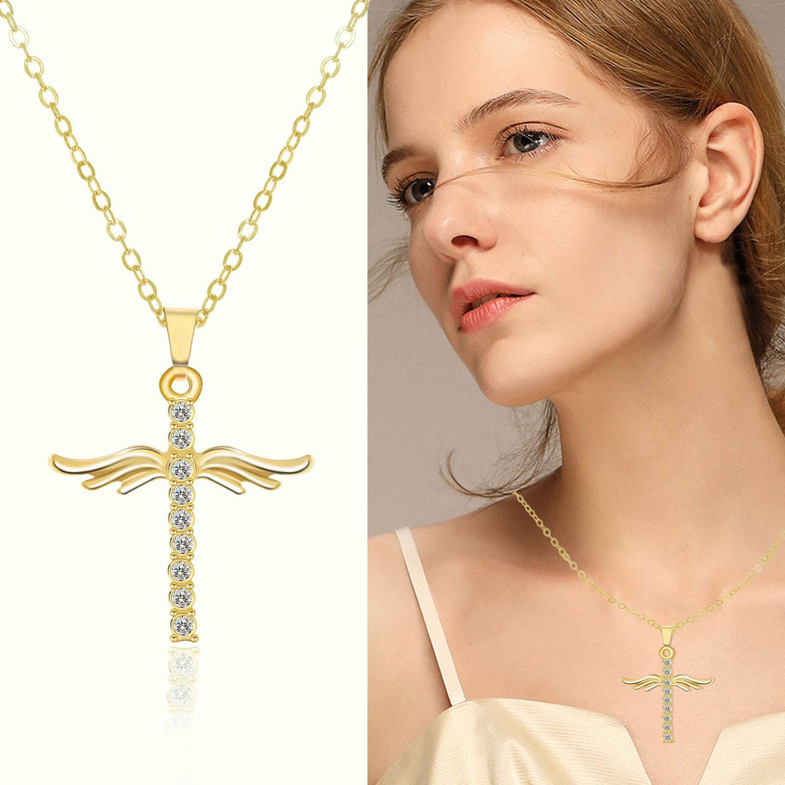 Angel Wings Cross Pendant Necklace For Woman With O Type Stainless Steel Chain Necklace Jewelry Gift - Velora