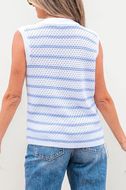 Stripe V Neck Gold Buttons Elegant Sweater Vest - Velora