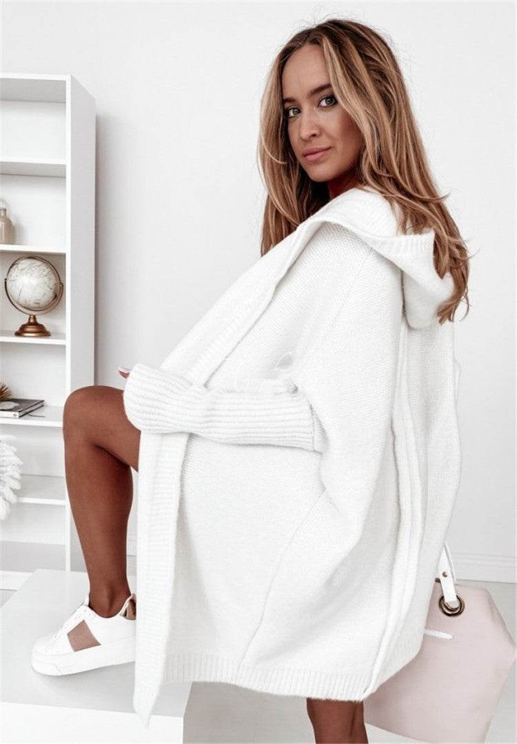 Fashion Bat Sleeve Hooded Cardigan Oversized Loose Temperament Solid Color Sweater Womens Clothing - Velora