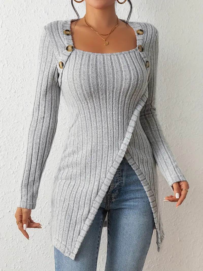 Square Collar Irregular Knitted Top With Button Design Fashion Solid Long-sleeved Long Top For Women Clothing - Velora
