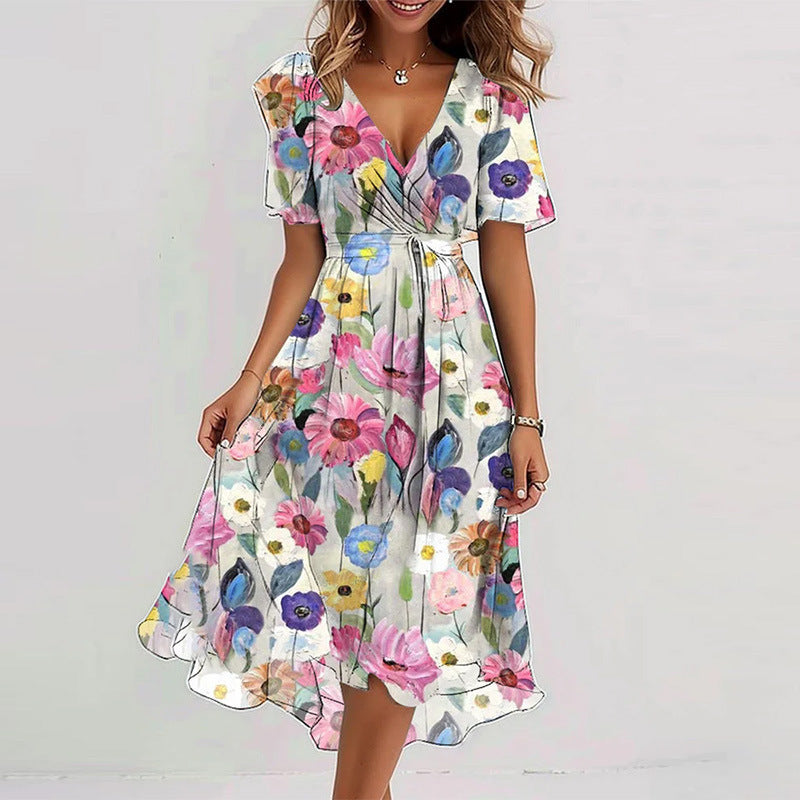 Flowers Printed V-neck Dress Summer A-line Short-sleeved Dresses For Women Velora