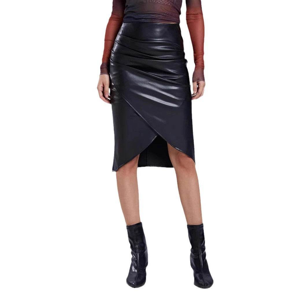 Front Split Leather Skirt Formal Office Work High Waist Sheath midi black Skirt - Velora