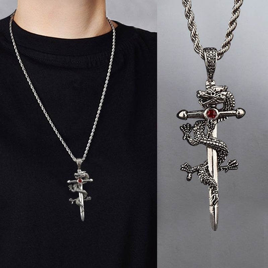 Fashion Jewelry Dragon Sword Pendant Necklace Paved Black Color Jewelry For Men Boy Christmas Gifts - Velora