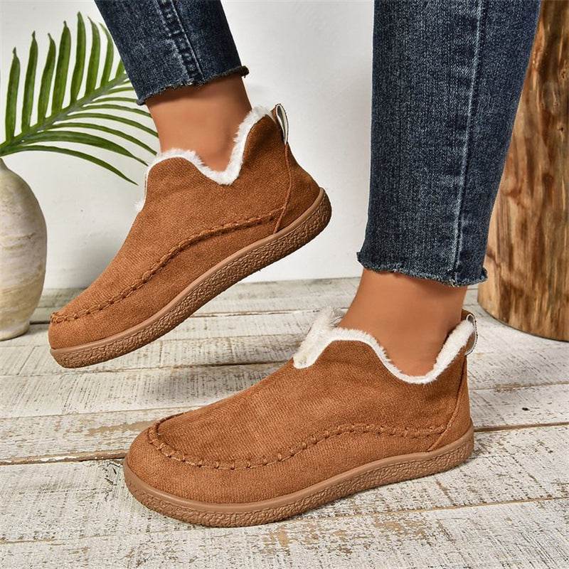 Fashion V-cut Plush Ankle Boots Winter Plus Velvet Flat Snow Boot Casual Warm Solid Suede Cotton Shoes For Women - Velora