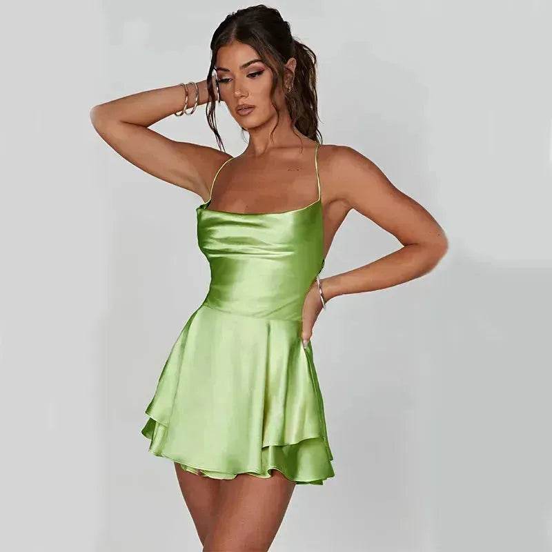 Elegant Chic Skirt Dress For Women Elegant Slim Strap Satin Backless Lace Up Ladies Party Mini Skater Dress - Velora