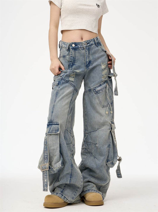 Distressed Washed Oversized Baggy Cargo Jeans Pant - Velora