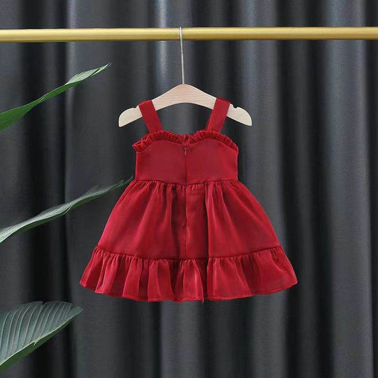 Red Suspender Skirt Off-shoulder Off-the-shoulder Princess Dress - Velora
