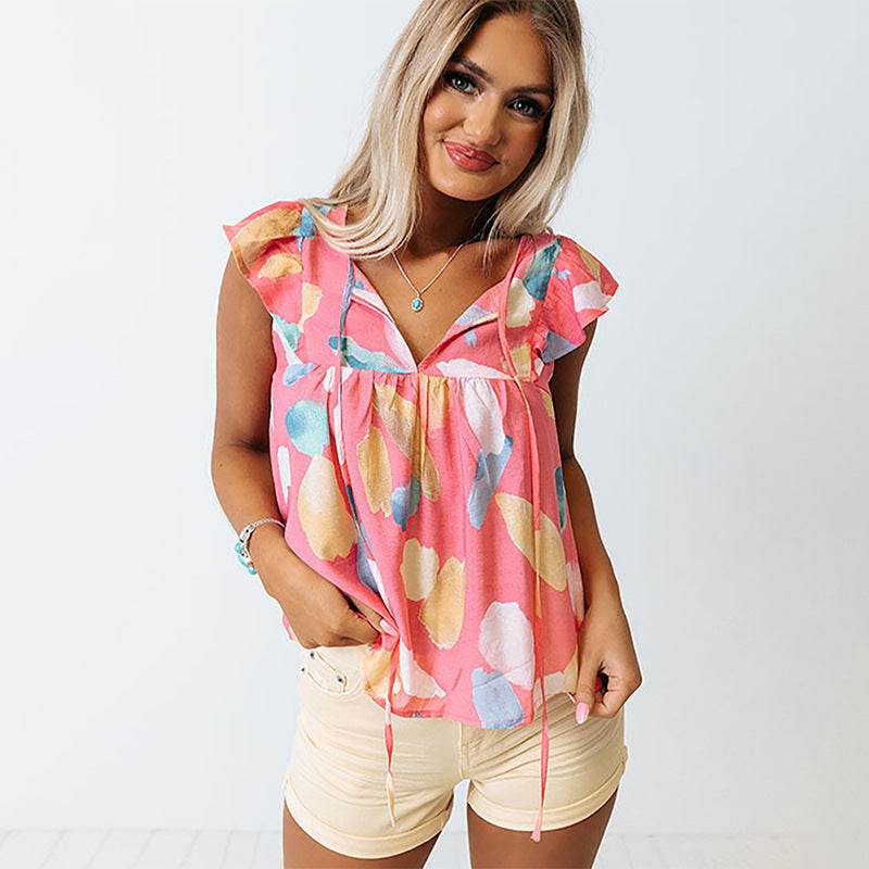 Women's Abstract Printing V-neck Ruffled Sleeve Top - Velora