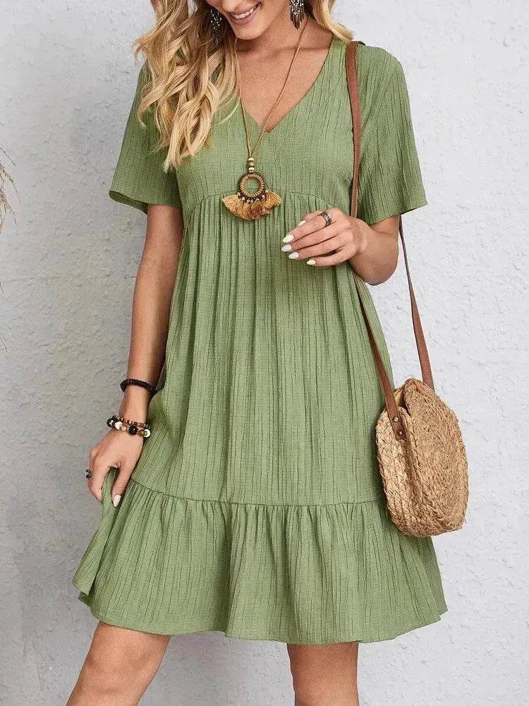 Summer Beach V-neck Dresses Women's Loose Casual Short-sleeved Loose Skater Dress for Chic Ladies - Velora