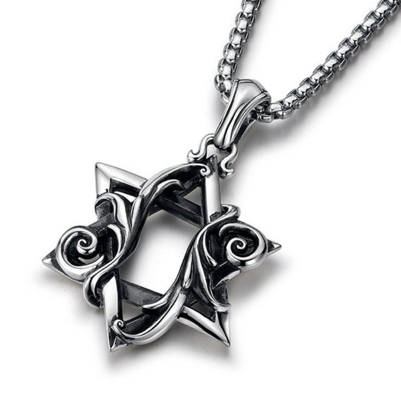 Retro Three-dimensional Rolling Grass Pattern Six-pointed Star Men's Necklace - Velora