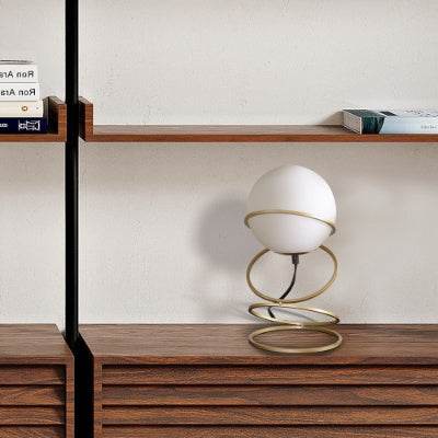 13.5 H Glass Globe Matte Gold Spiral 4 Ring Metal Stand Table Lamp For Living Room, Nightstand Bedside Table Lamp For Bedroom, LED Lamp - Velora
