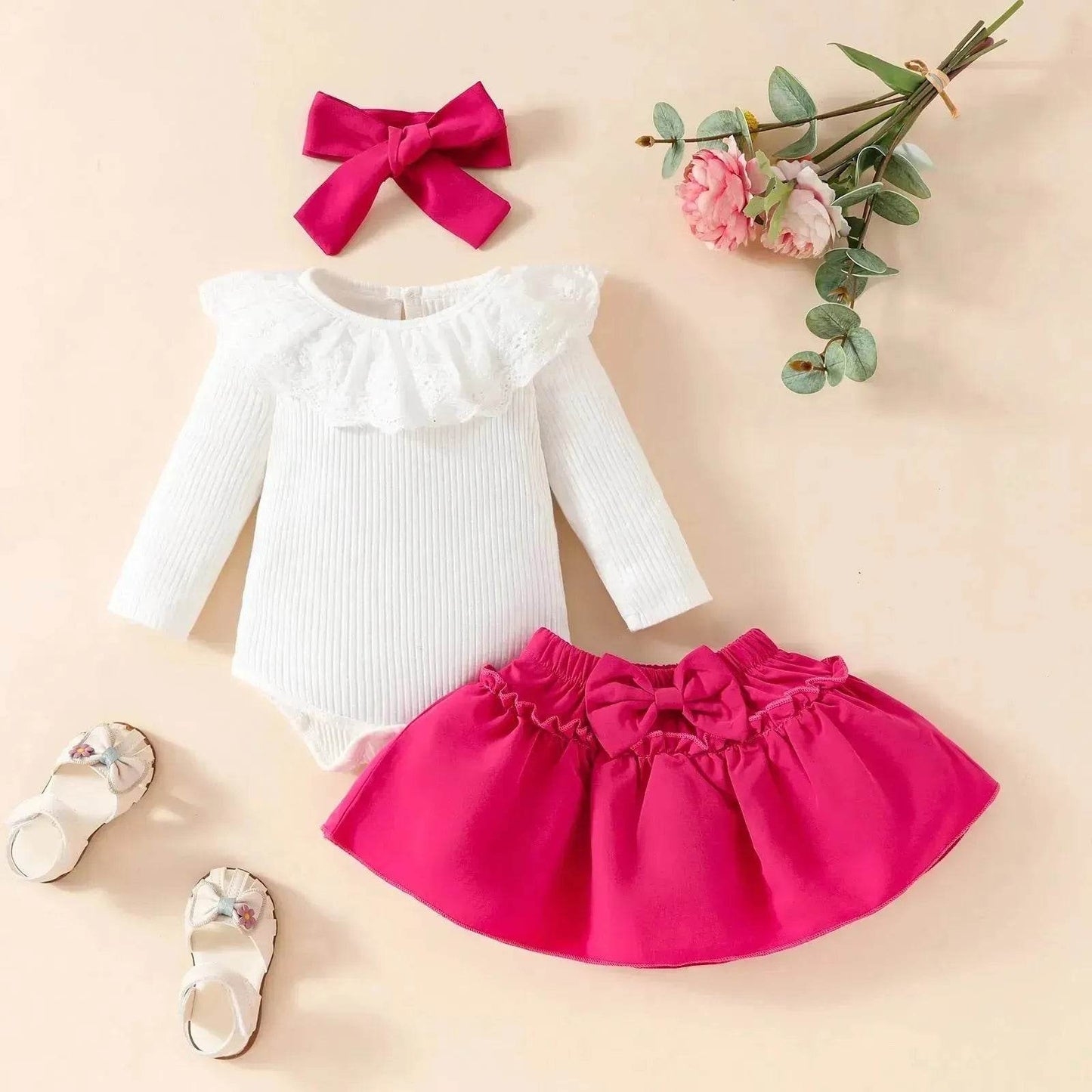 Two piece Baby Girl Lace Ruffles Long-sleeve romper Bow Skirt Hair Bowtie Band baby girl outwear - Velora