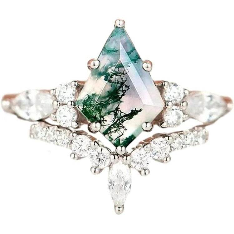 2pcs Fashion Rings Natural Green Moss Stone Agate Ring For Women Personalized Jewelry - Velora
