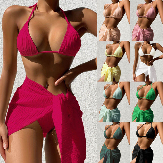 3pcs Halterneck Swimsuit Set Beach Solid Color Sexy Backless Bikini With Mesh Skirt Summer Womens Clothing - Velora