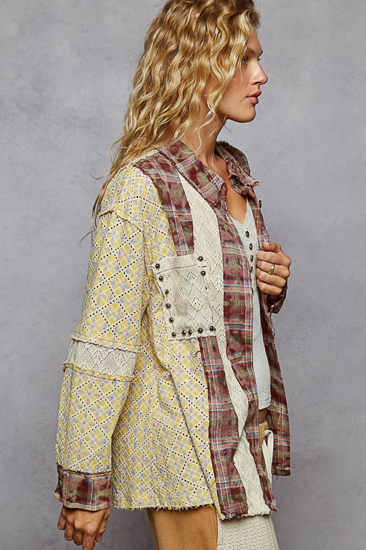 POL Studded Contrast Plaid Long Sleeve Shirt - Velora