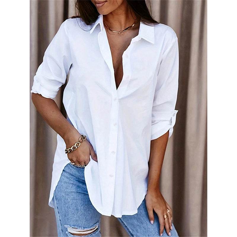Women's Casual Long Sleeve Button-Down Shirt With Roll-Up Sleeves, Stylish Mid-Length Blouse For Everyday Wear - Velora