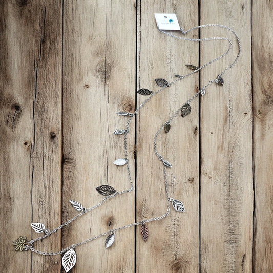 Waterfall Leaf Necklace – Long Layering Chain with Cascading Silver & Mixed Metal Leaves - Velora