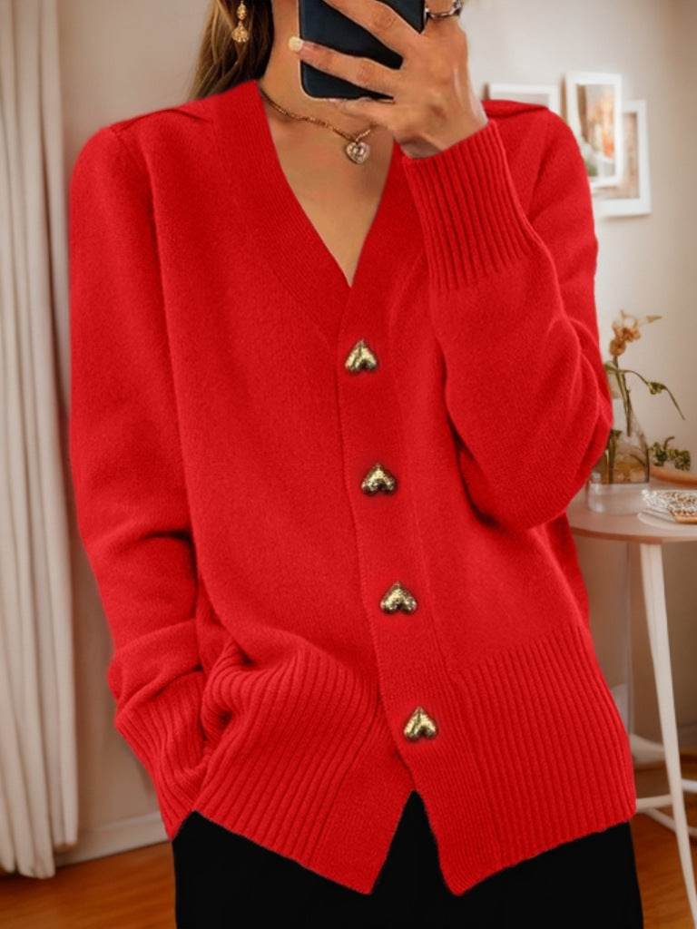 V-neck Knitted Sweater With Love Button Fashion Solid Long-sleeved Cardigan Spring And Autumn Women's Clothing - Velora