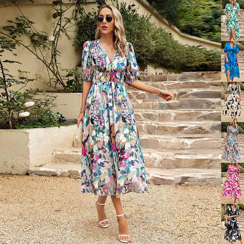 New V-neck Printed Short-sleeved Long Dress Summer Fashion Slim Seaside Vacation Beach Dresses For Women Clothing - Velora