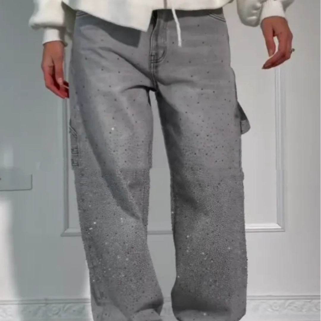 Ins Shiny Straight Jeans With Pockets Fashion Loose Wide-leg Pants For Women Street-style Trousers - Velora