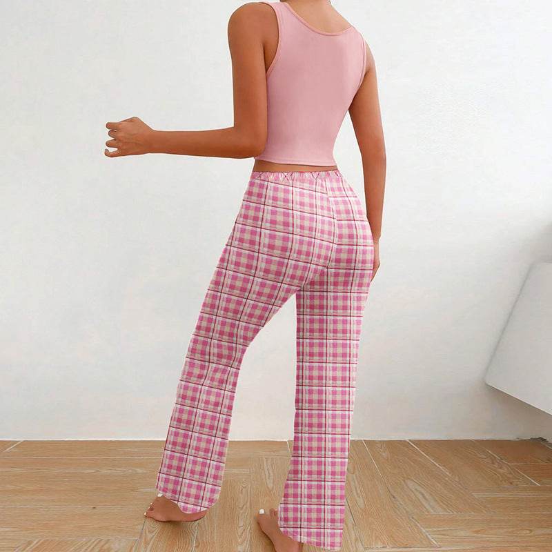 Spring Summer Women's Casual Pajamas Home Wear Vest Color Matching Plaid Trousers Letter Print Top Ladies 2 Pcs Home Clothes Sleepwear - Velora