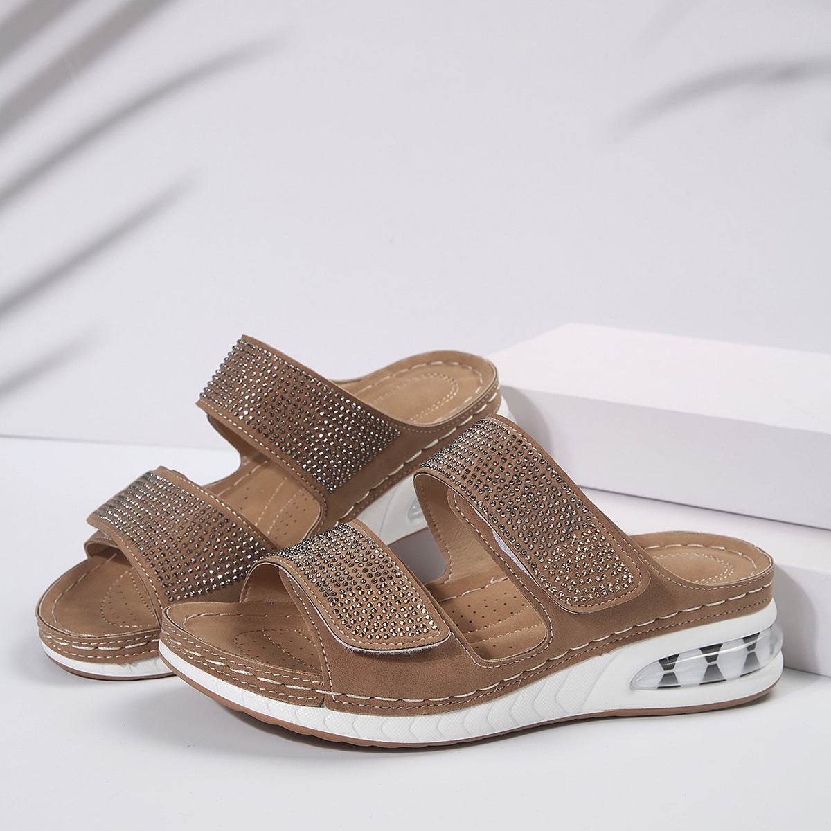 New Air Cushion Wedges Sandals Summer Casual Rhinestone Slides Roman Sandals For Women Non-slip Beach Shoes - Velora