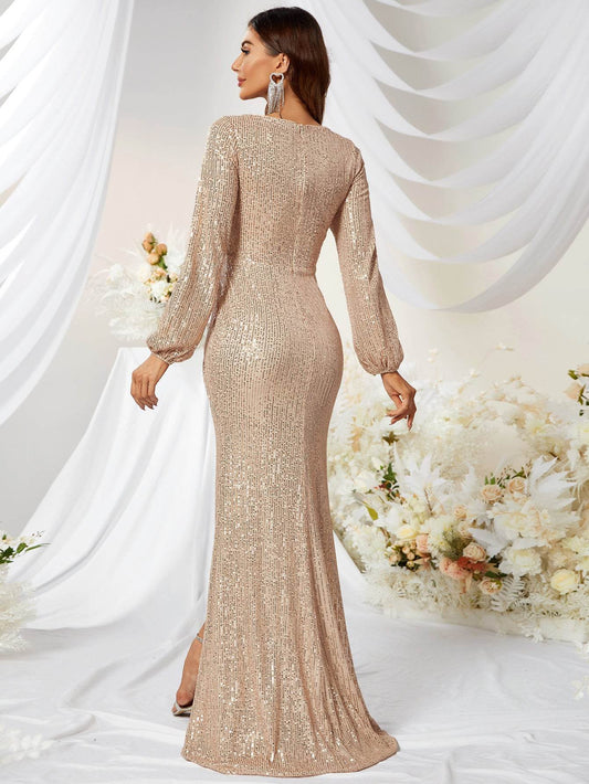 Sequined V-neck Long Sleeve High Slit Slim Fishtail Prom Evening Dress - Velora