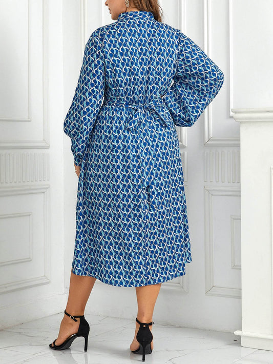 European And American High Waist Print Long Puff Sleeve Dress - Velora