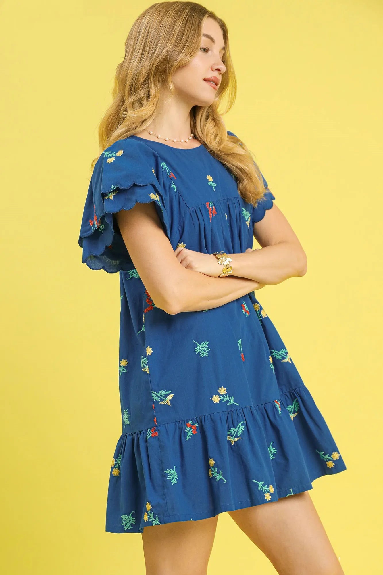 Umgee Floral Embroidered Short Sleeve Mini Dress - Velora