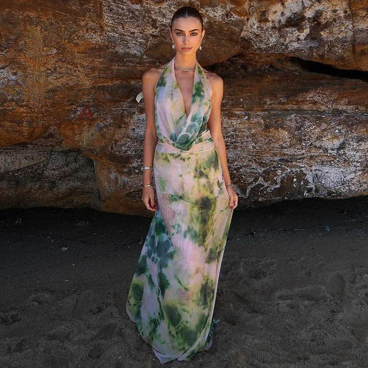 2pcs Tie Dye Printing Deep V-neck Suits Fashion Halter Backless Long Dresses For Beach Party Womens Clothing - Velora