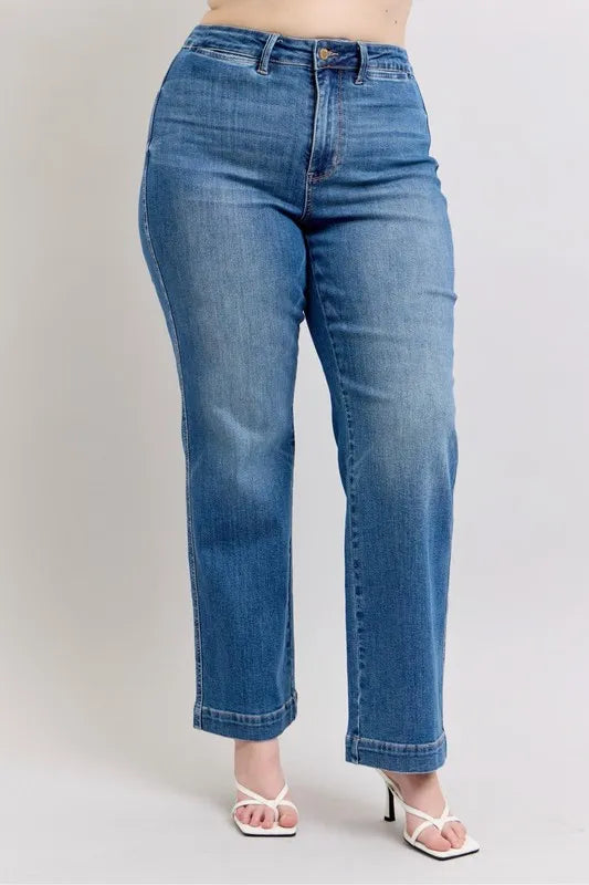 Judy Blue Full Size High Waist Contrast Thread Straight Plus Size - Velora