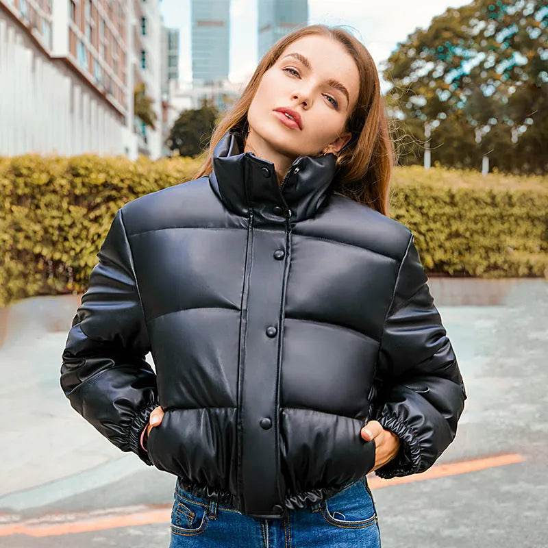 New Leather Puffer Cropped Jacket Warm Stand Collar Short Coat Y2K Cotton padded Jacket Women - Velora
