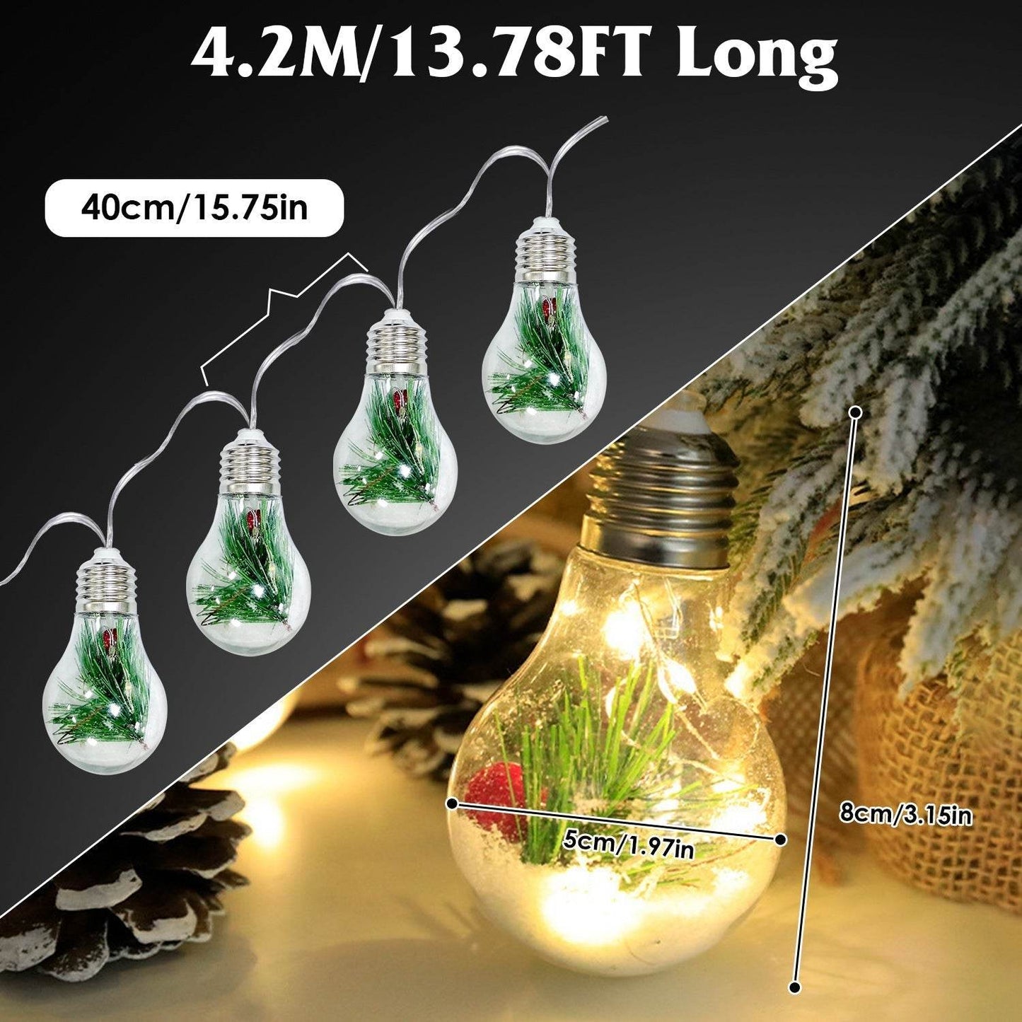 1Pc 13.78FT Christmas Snow Globe String Light Battery Powered 10 LED Bulbs Indoor Christmas Lights With Pine Needles Snowflakes Berries - Velora